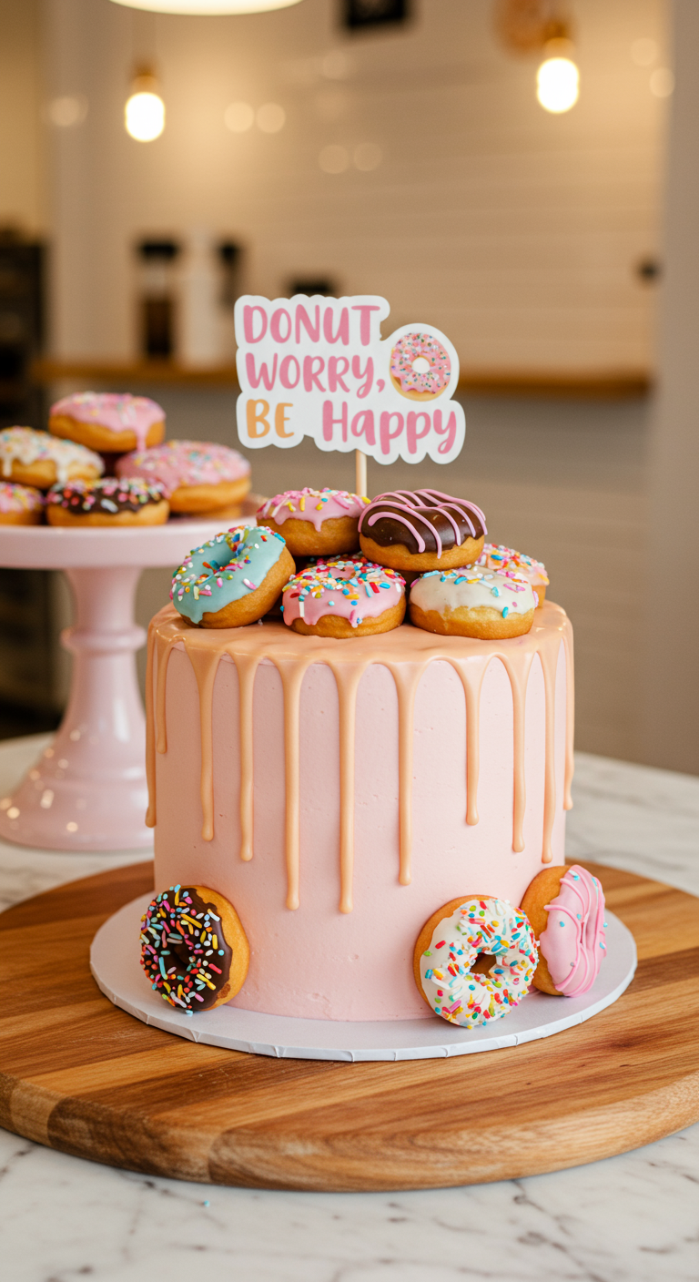 Rosa Torte mit hellem Drip, verziert mit Mini-Donuts und einem