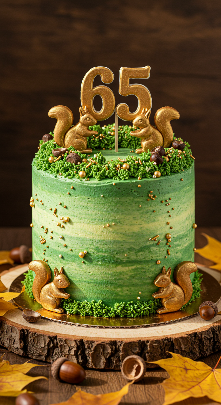 Grüne Torte mit goldenen Eichhörnchen und 65-Topper.