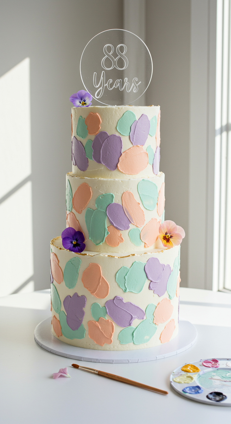 Dreistöckige Torte mit pastellfarbenen Buttercreme-Pinselstrichen und