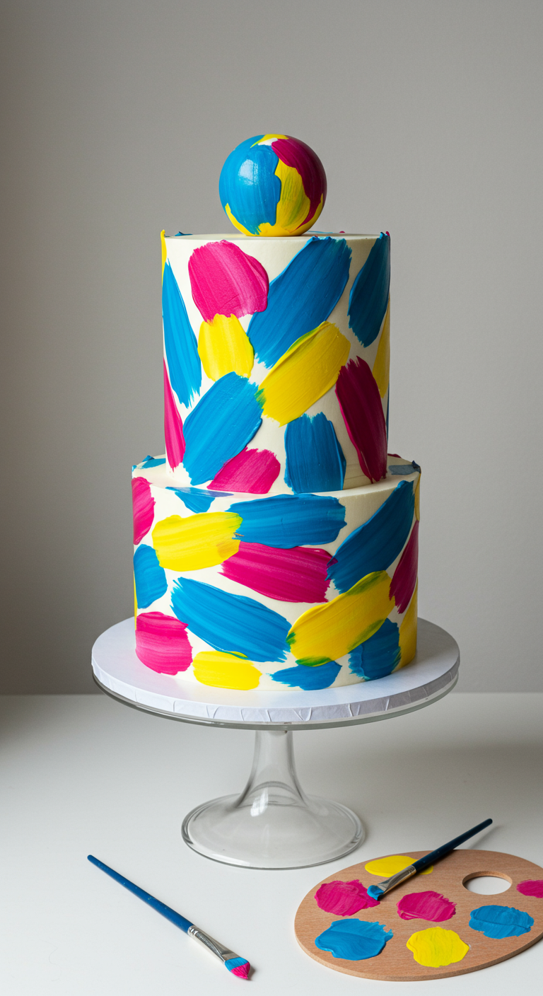 Zweistöckige Torte mit Pinselstrichen in Blau, Pink, Gelb.