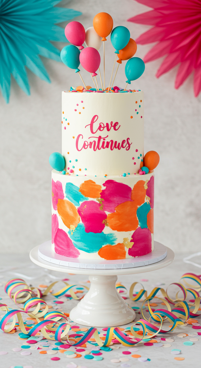 Weiße Torte mit bunten Pinselstrichen und Mini-Ballongirlande.