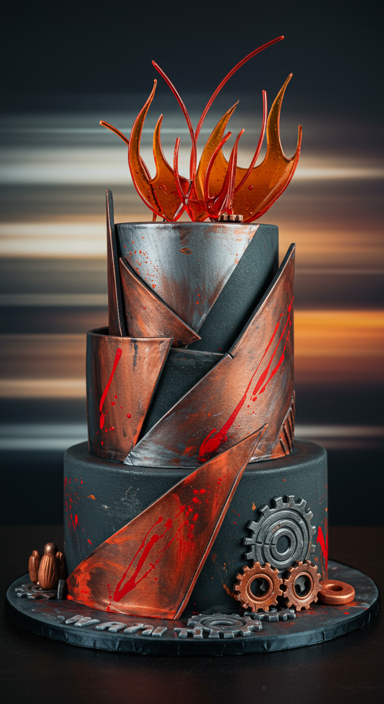 Dunkle, mehrstöckige Torte im futuristischen Stil mit metallischen Elementen und roten Farbspritzern.