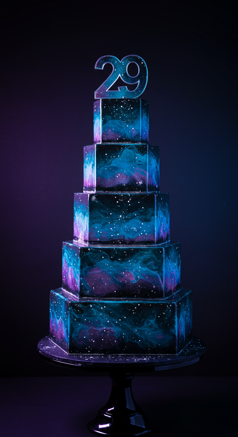 Mehrstöckige, eckige Galaxie-Torte mit Zahl 29 Topper.