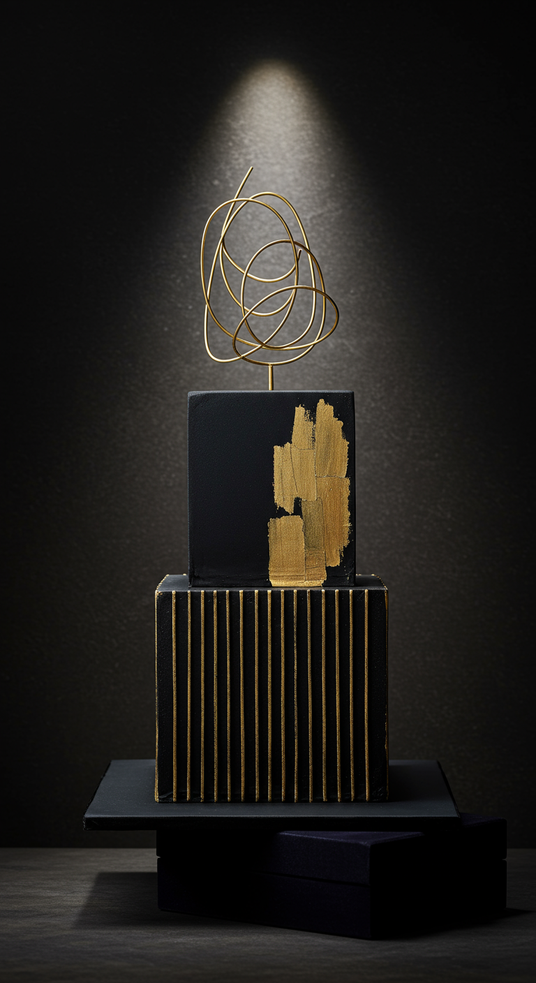 Zweistöckige schwarze Torte mit goldenen Streifen, goldenen Pinselstrichen und einem modernen Golddraht-Topper.