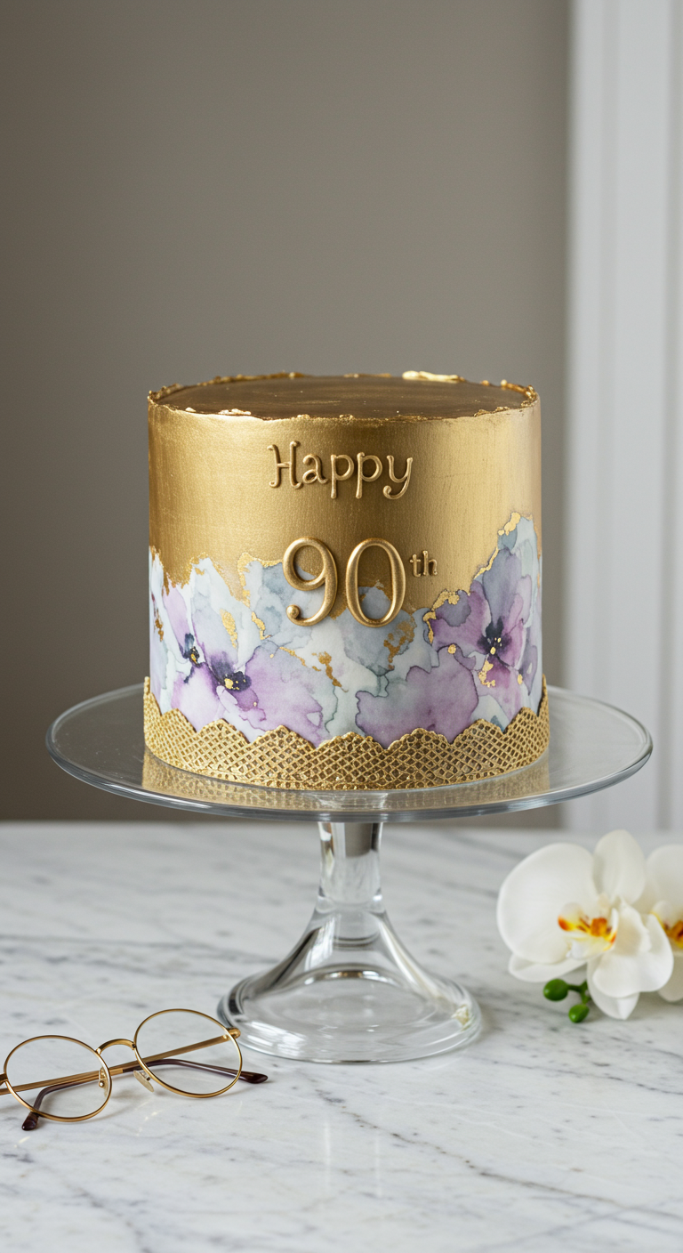 Goldene Torte mit handgemalten lila Aquarell-Blumen am unteren Rand.