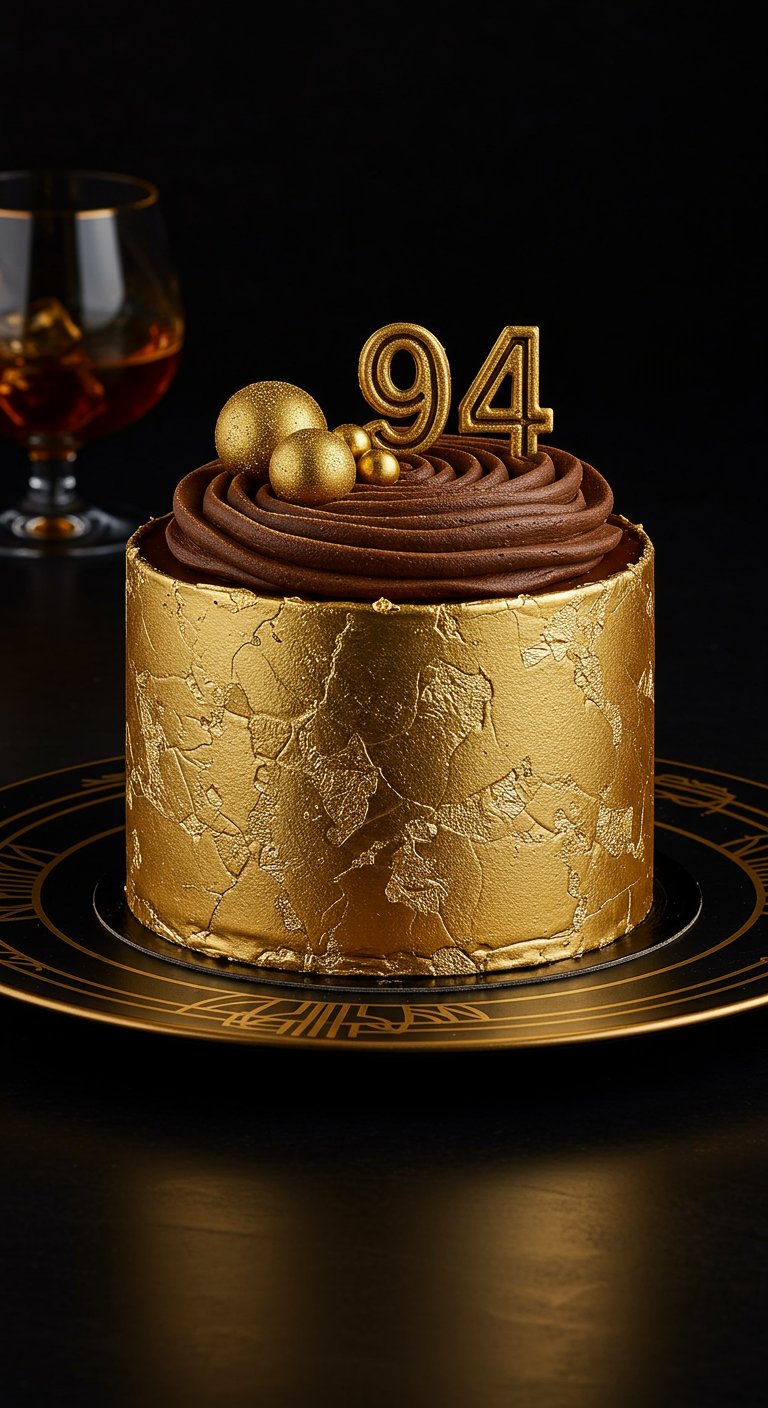 Kleine runde Torte mit Blattgold-Effekt und Schokoladen-Swirl-Topper.