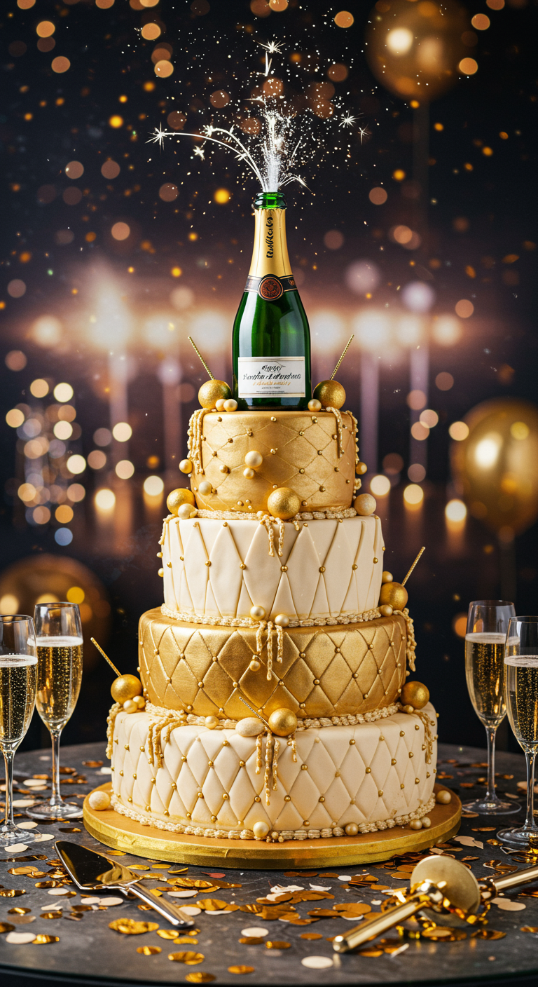 Mehrstöckige gold-weiße Torte mit gestepptem Muster und Champagnerflasche.