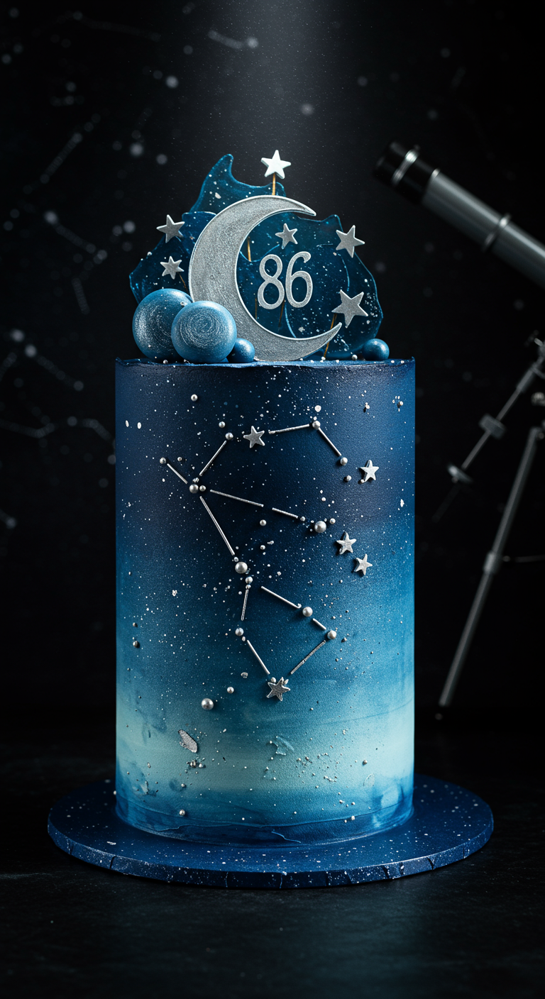 Dunkelblaue Galaxy-Torte mit Mond, Sternen, Sternbildern und