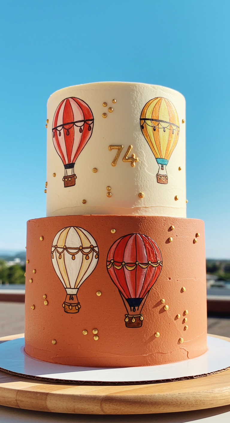 Zweistöckige Torte mit handgemalten Heißluftballons und goldenen Punkten.
