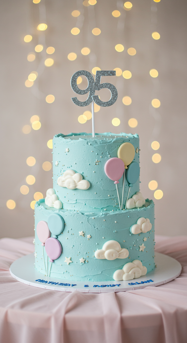 Zweistöckige hellblaue Torte mit Fondant-Wolken, bunten Ballons und Glitzer-„95“-Topper.