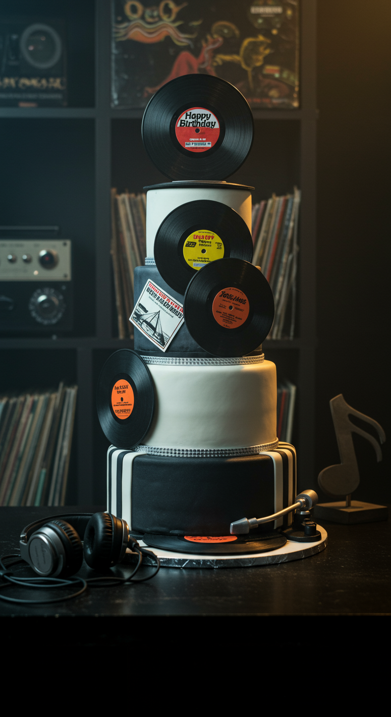 Mehrstöckige Torte, die wie ein Stapel Schallplatten aussieht, mit Kopfhörern daneben.