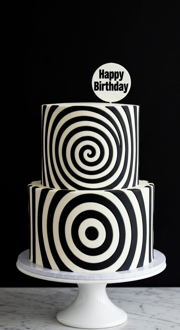 Zweistöckige schwarz-weiße Torte mit hypnotischem Spiralmuster.