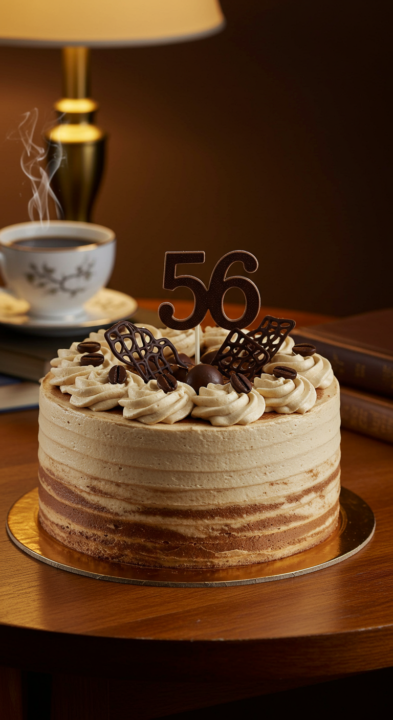 Helle Kaffeetorte mit dunklen Swirls, Cremetupfern, Schokogittern und Kaffeebohnen.