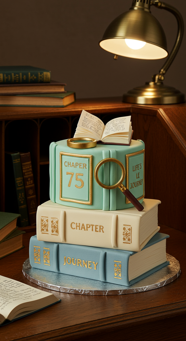 Torte in Form von gestapelten Büchern mit Aufschriften wie „Chapter 75“.