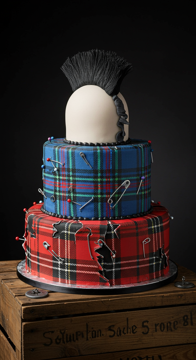 Mehrstöckige Punk-Torte mit rot-blauem Karomuster, Sicherheitsnadeln und Irokesenschnitt-Topper.