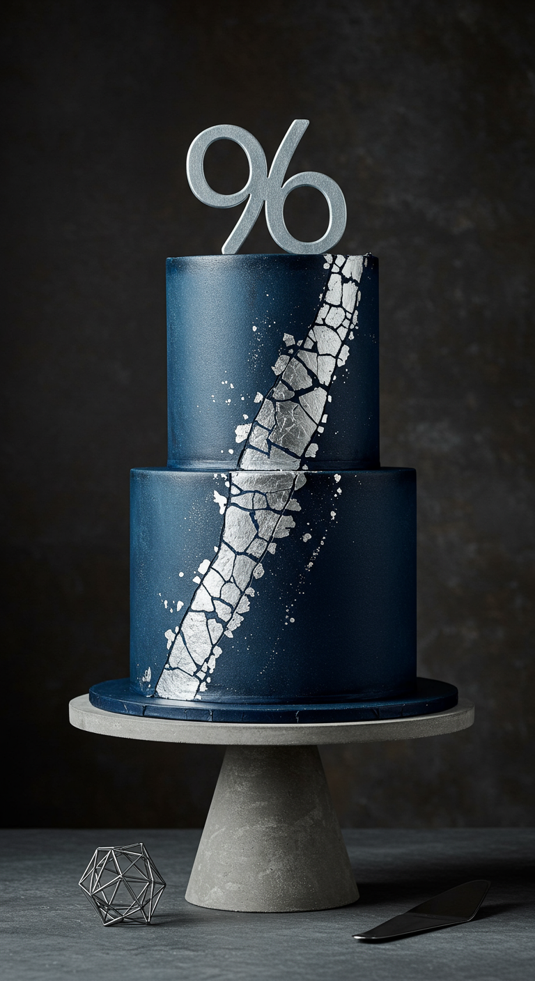 Zweistöckige dunkelblaue Torte mit silbernem Kintsugi-Effekt.