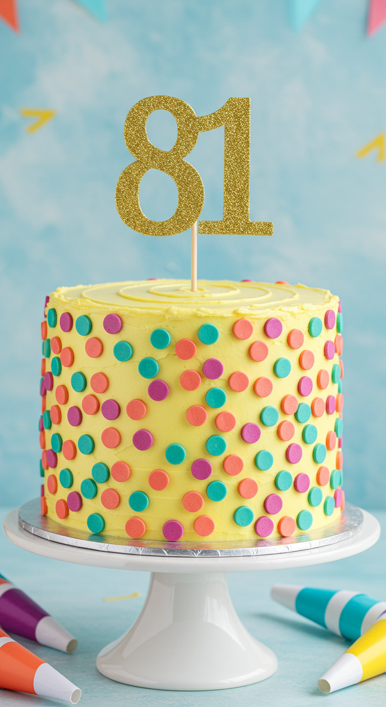 Gelbe Torte mit bunten Fondant-Punkten und goldenem 81-Topper.