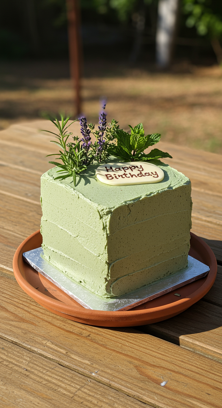 Quadratische, grüne Torte mit frischen Kräutern (Rosmarin, Lavendel, Minze) und Schokoschild.