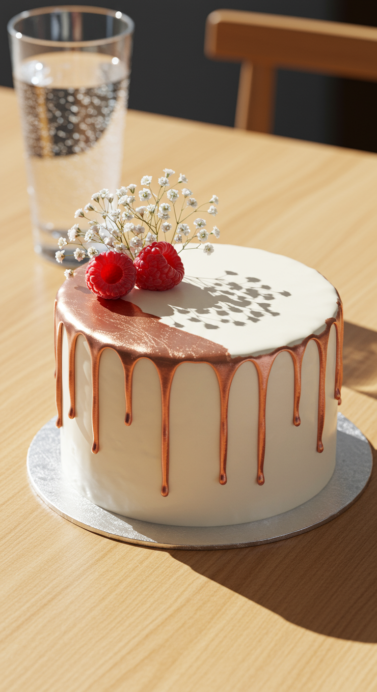 Weiße Torte mit halbseitigem Kupfer-Drip, Himbeeren und Schleierkraut.