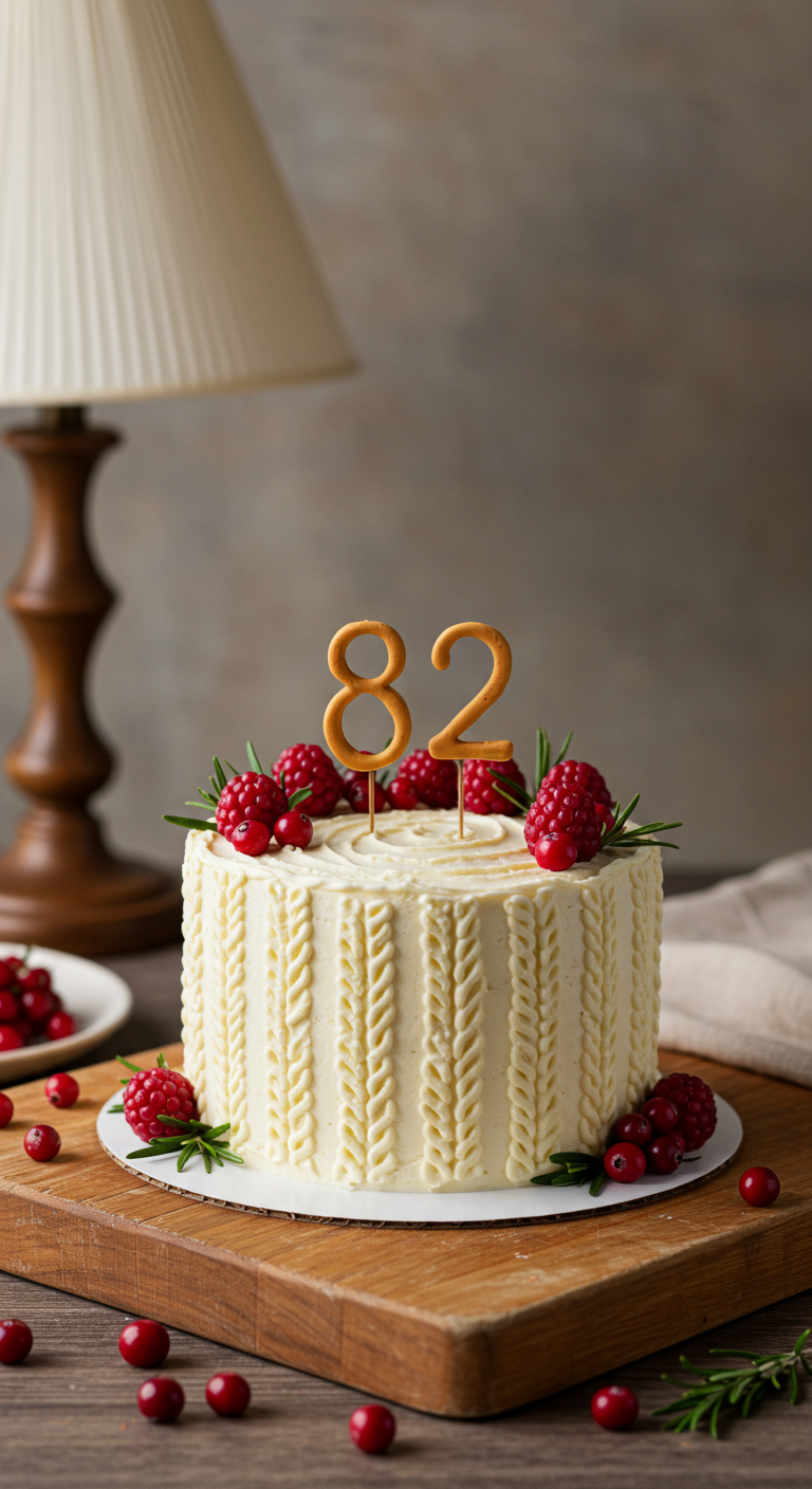 Weißer Kuchen mit Strickmuster-Textur, Cranberries und Rosmarin, Brezel-Zahl 82.
