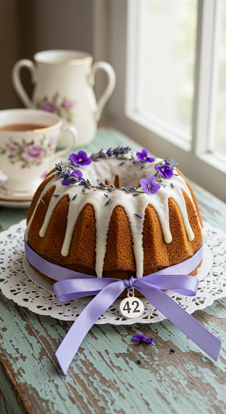 Gugelhupf mit weißem Guss, Lavendelblüten, lila Schleife und '42'-Anhänger.