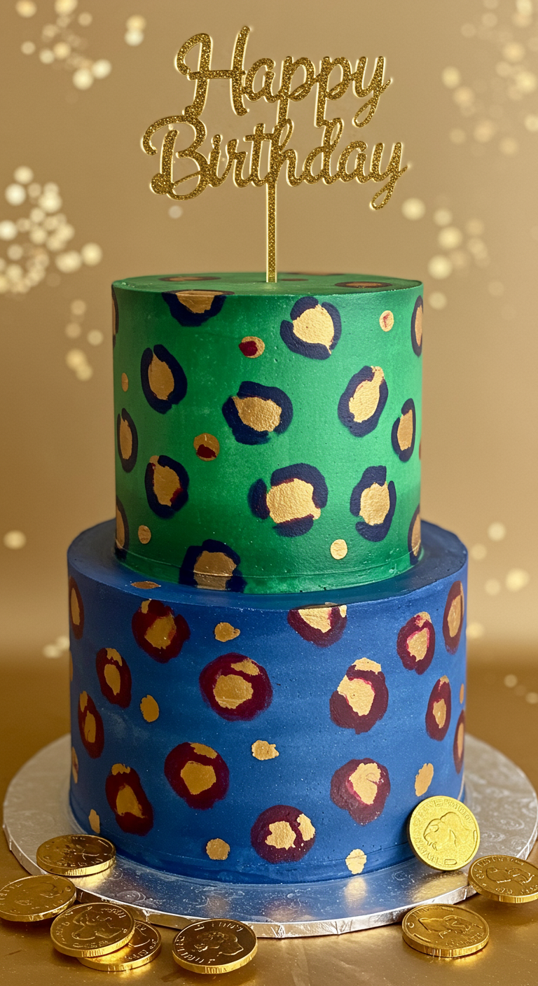 Zweistöckige Torte mit Leopardenmuster in Grün und Blau, goldenen Akzenten.