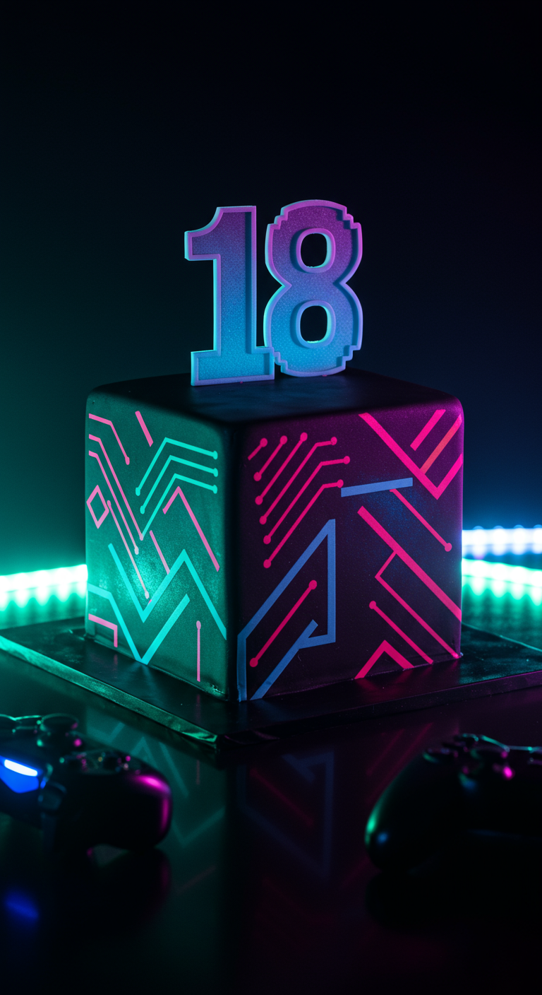 Schwarzer quadratischer Kuchen mit Neon-Circuit-Linien und pixeliger