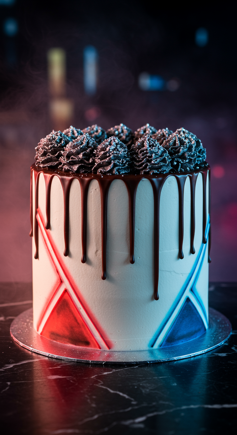 Weiße Torte mit Schokodrip, schwarzen Tupfern und rot-blauen Lichteffekten.