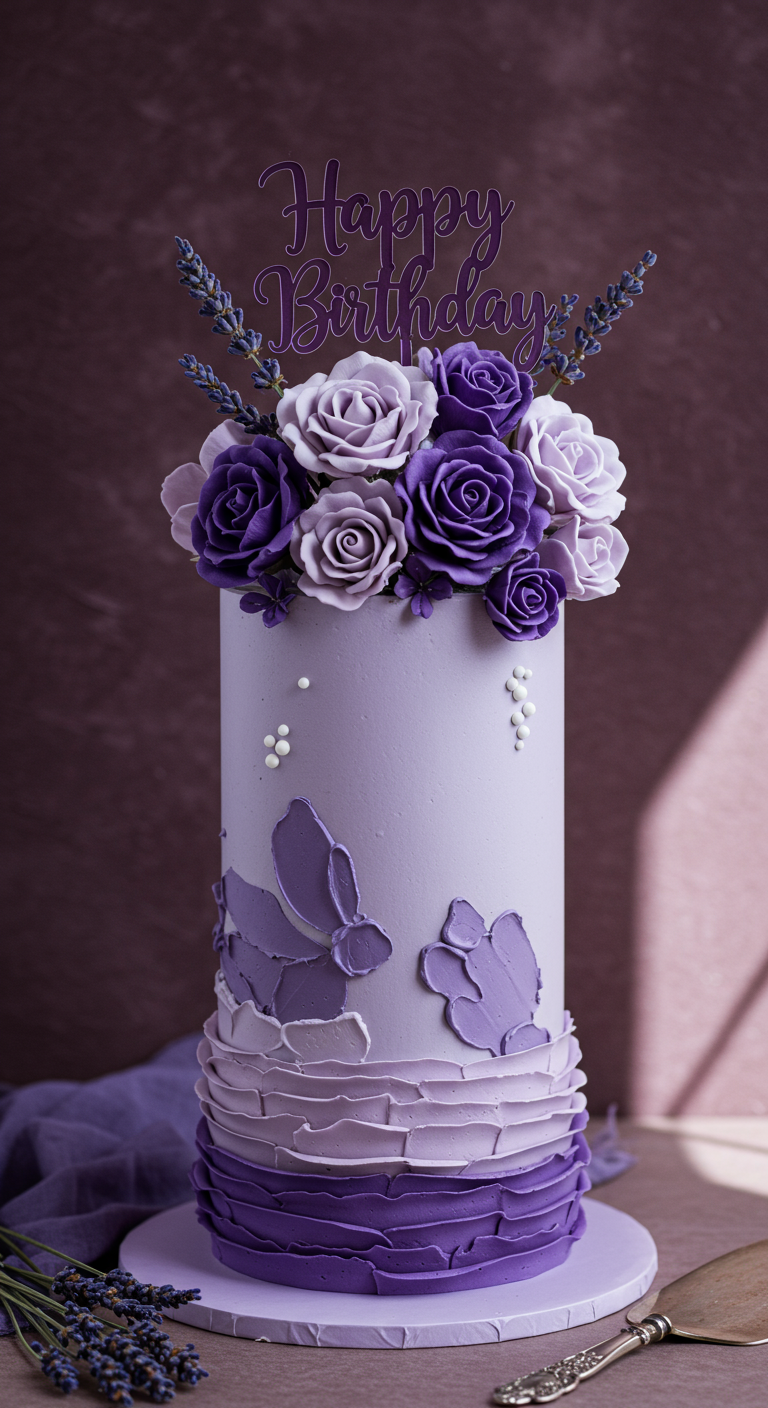 Hohe lila Torte mit Ombré-Rüschen und einem Bouquet aus lila Rosen.