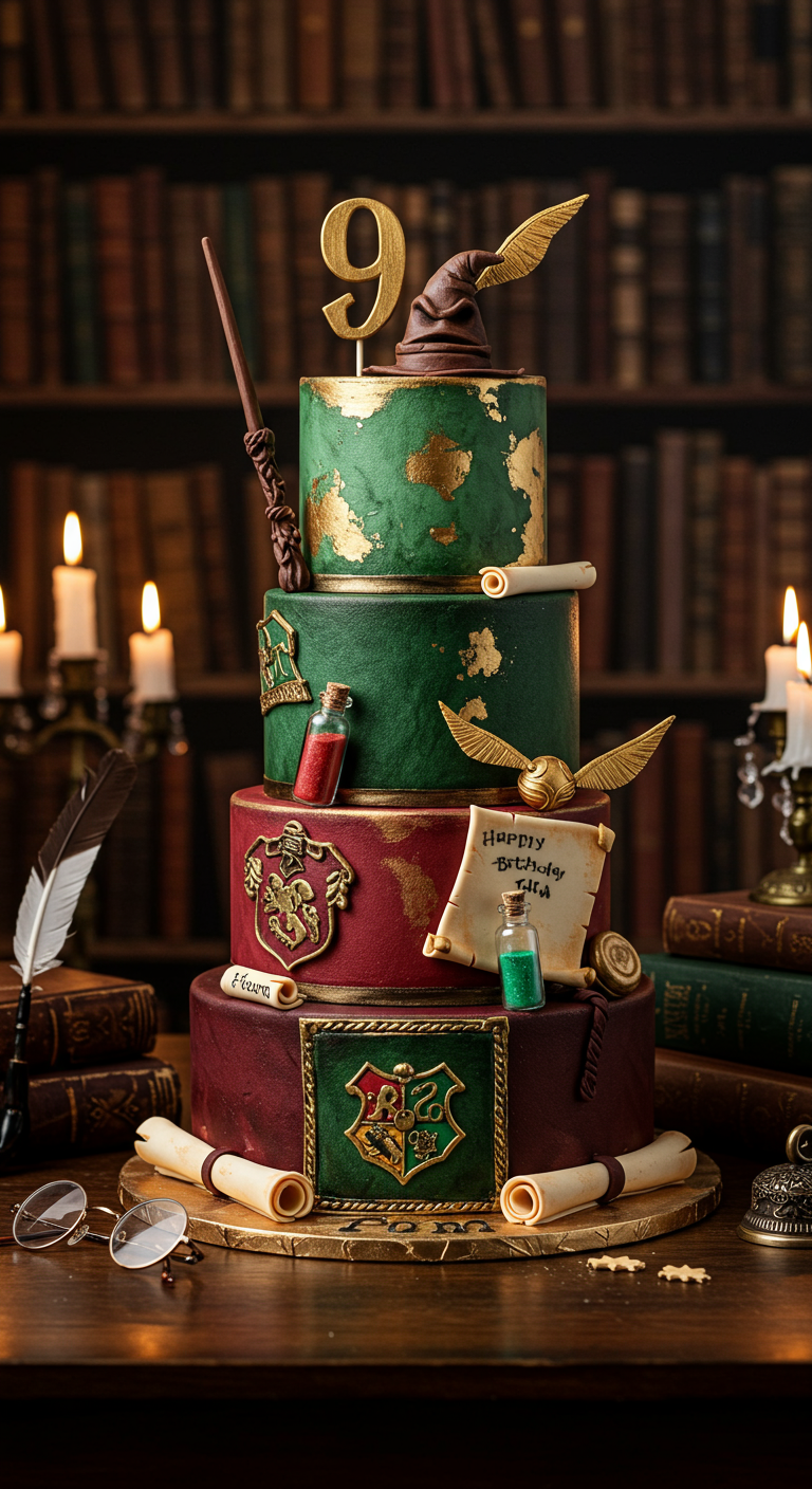 Mehrstöckige Harry-Potter-Torte mit Hauswappen, Zauberstab, goldenem Schnatz und Schriftrollen.