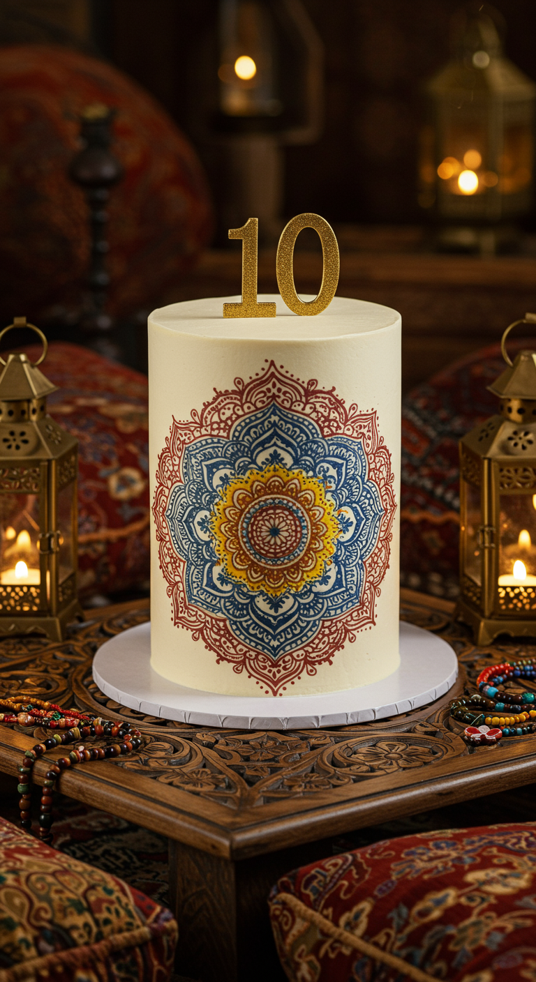 Hohe weiße Torte mit detailreichem, buntem Mandala-Muster.
