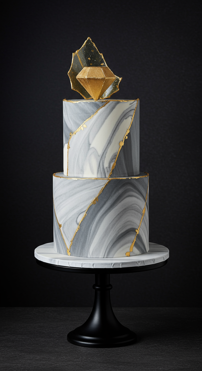 Zweistöckige Torte mit grau-weißem Marmor-Effekt, Goldadern und goldenem Diamant-Topper.