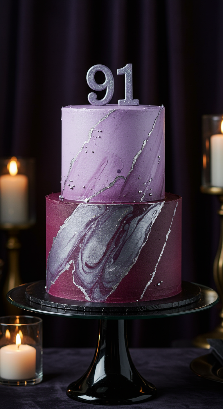 Zweistöckige lila-bordeauxrote Torte mit Silbermarmor-Effekt und Zahl 91.