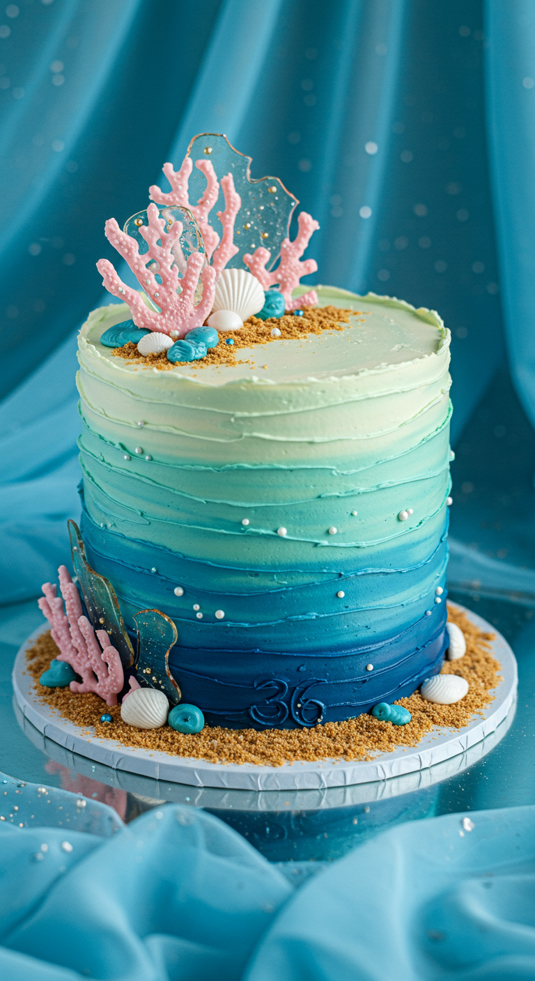 Blaue Ombré-Torte mit Korallen, Muscheln, Sand und der Zahl 36.