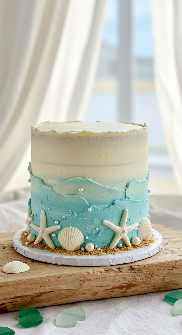 Einstöckige Torte mit blau-weißem Wellen-Ombré, dekoriert mit weißen Muscheln, Seesternen und Perlen.
