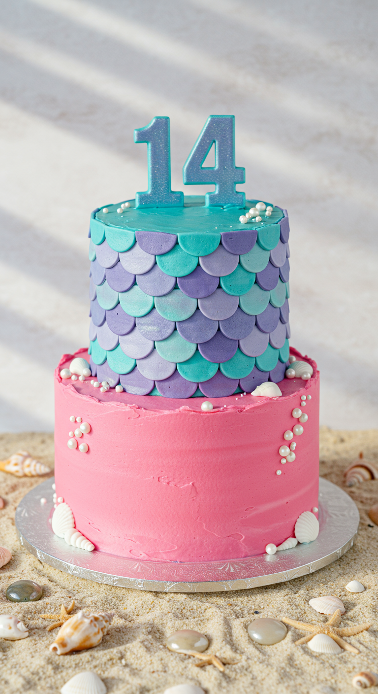 Zweistöckige Torte: obere Etage mit blau-lila Fischschuppen, untere pink.