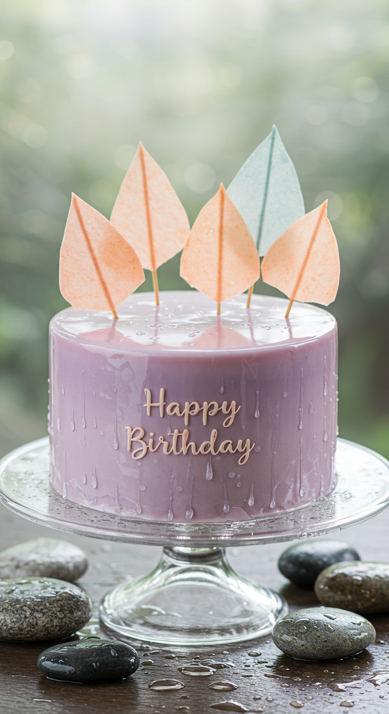 Lila Torte mit „Happy Birthday“, stilisierten Blättern und Regentropfen-Effekt.