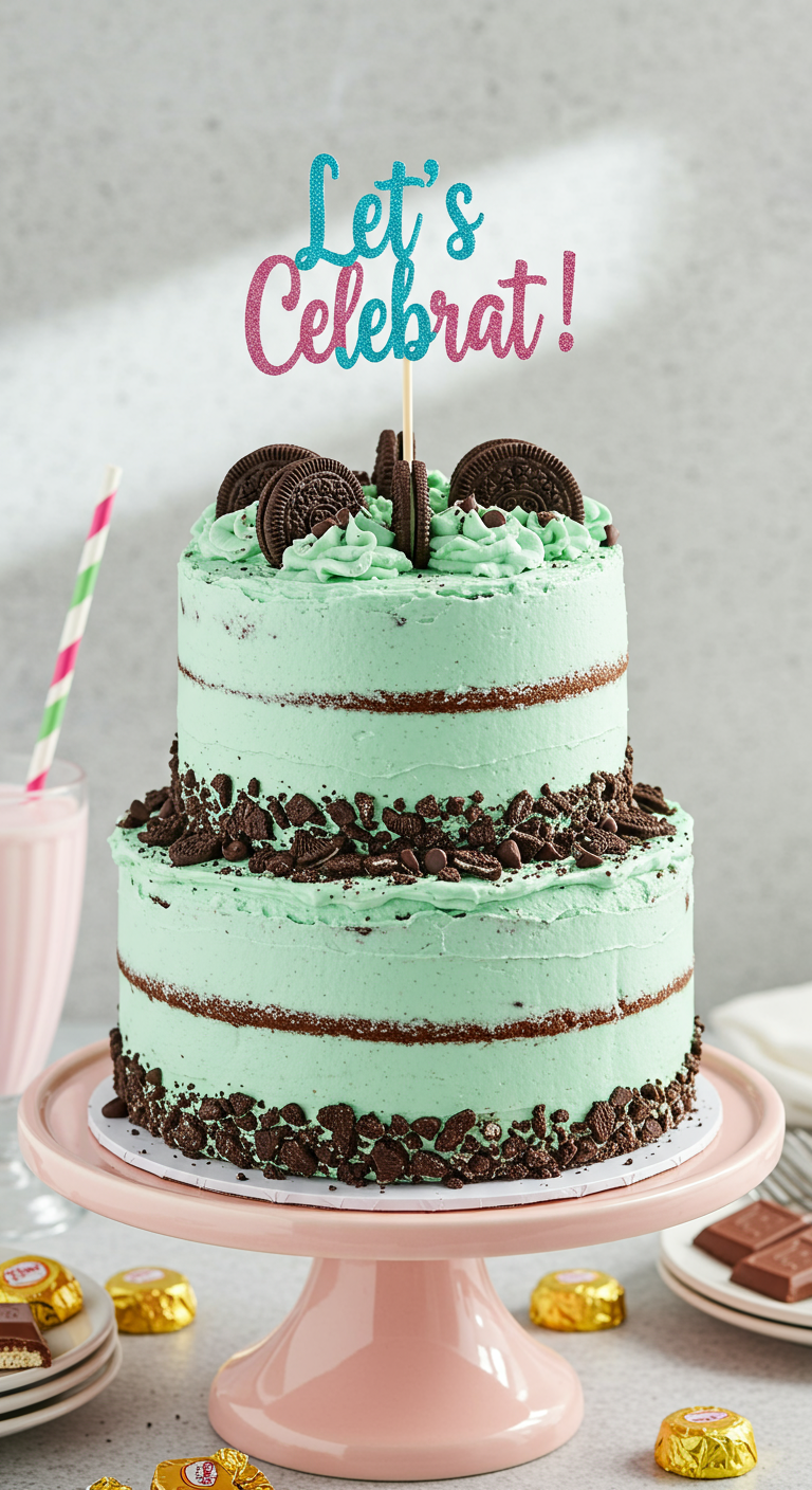 Zweistöckige Minz-Schoko-Torte mit Keksbröseln und 'Let's Celebrate'-Topper.