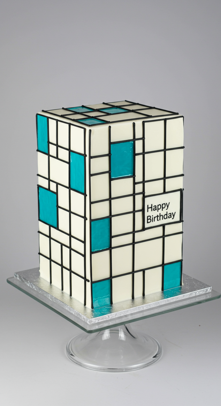 Quadratische weiße Torte mit schwarzen Linien und türkisen Quadraten im Mondrian-Stil.
