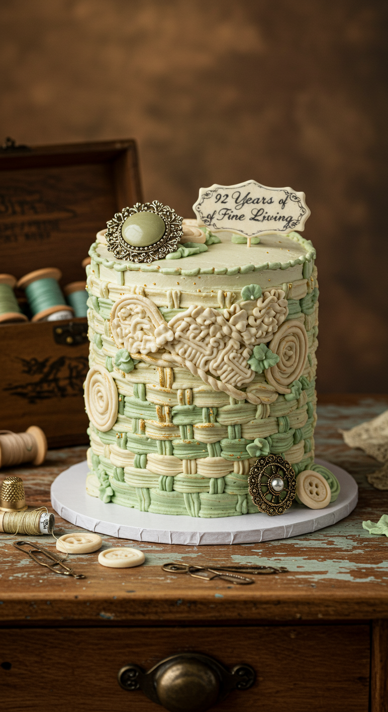 Kuchen in Korbflechtoptik mit Näh-Accessoires und Schild „92 Years of Fine Living“.