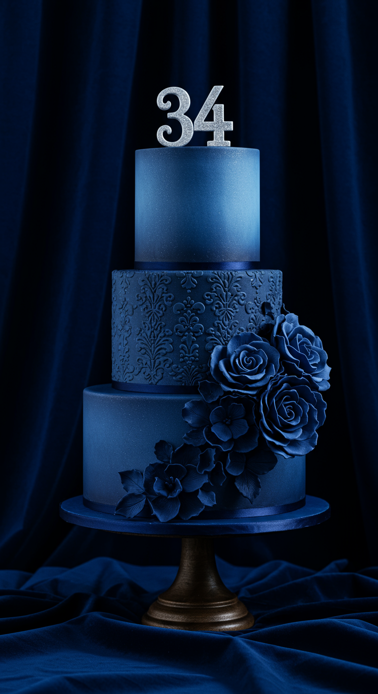 Dreistöckige, nachtblaue Torte mit floralen Mustern und großen blauen Zuckerrosen.