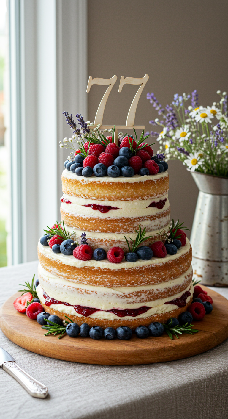 Zweistöckiger Naked Cake mit viel Creme, frischen Beeren und Kräutern.