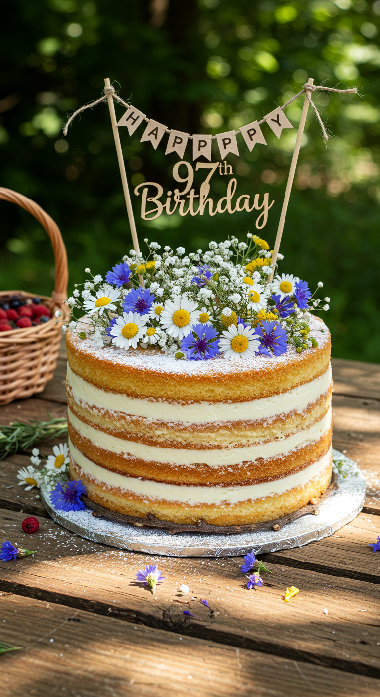 Naked Cake mit sichtbaren Bodenschichten, Sahnecreme und frischen Wiesenblumen.
