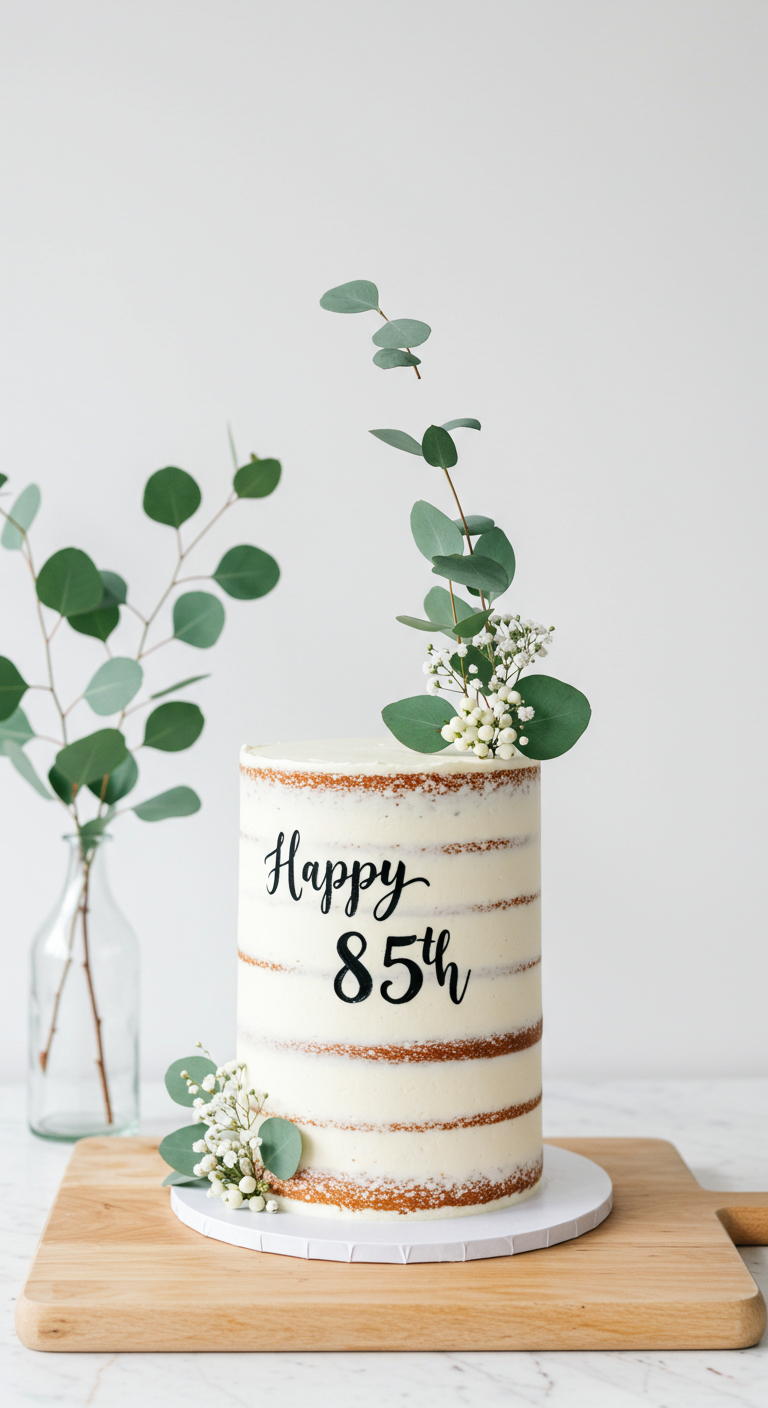 Hohe Semi-Naked-Torte mit „Happy 85th“-Schrift, Eukalyptus und Schleierkraut.