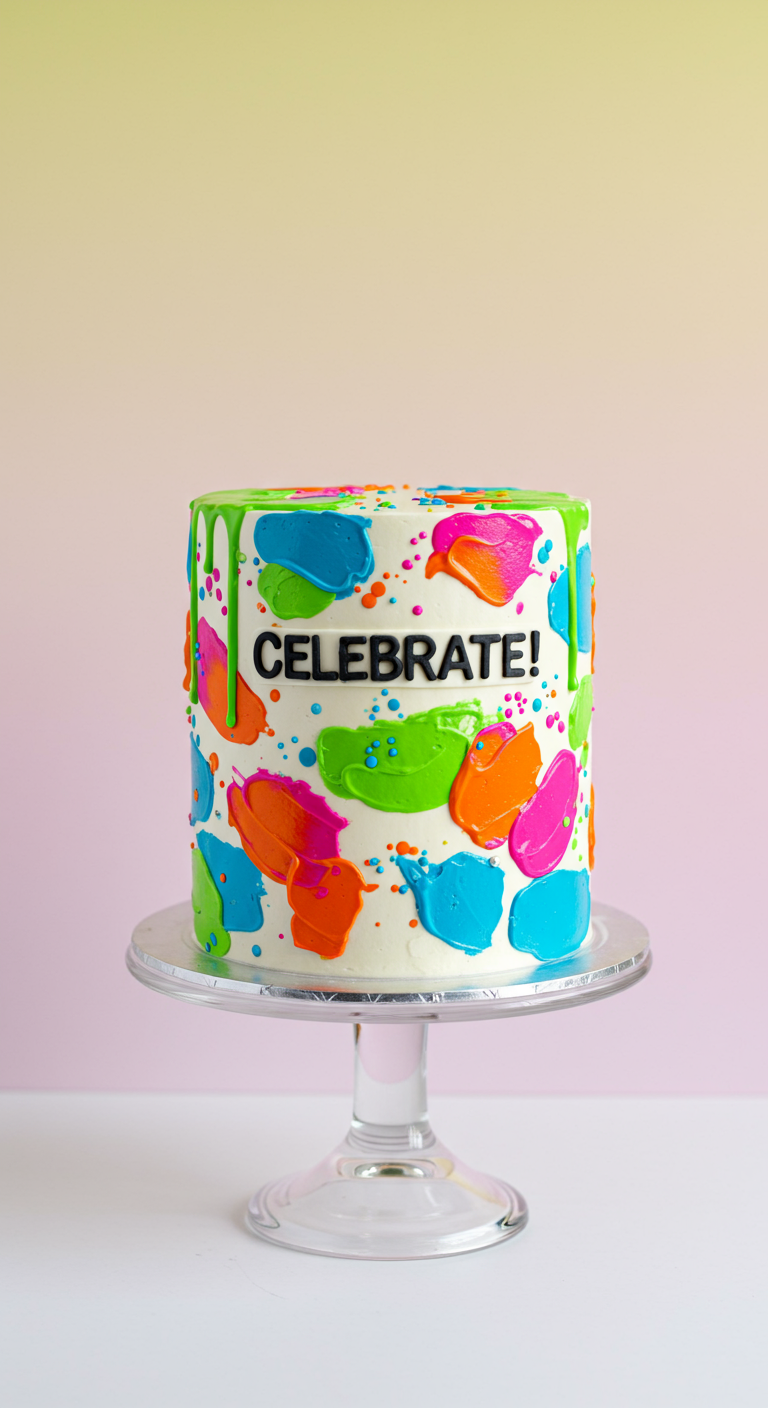 Weiße Torte mit bunten Neon-Farbklecksen und grünem Drip-Effekt.