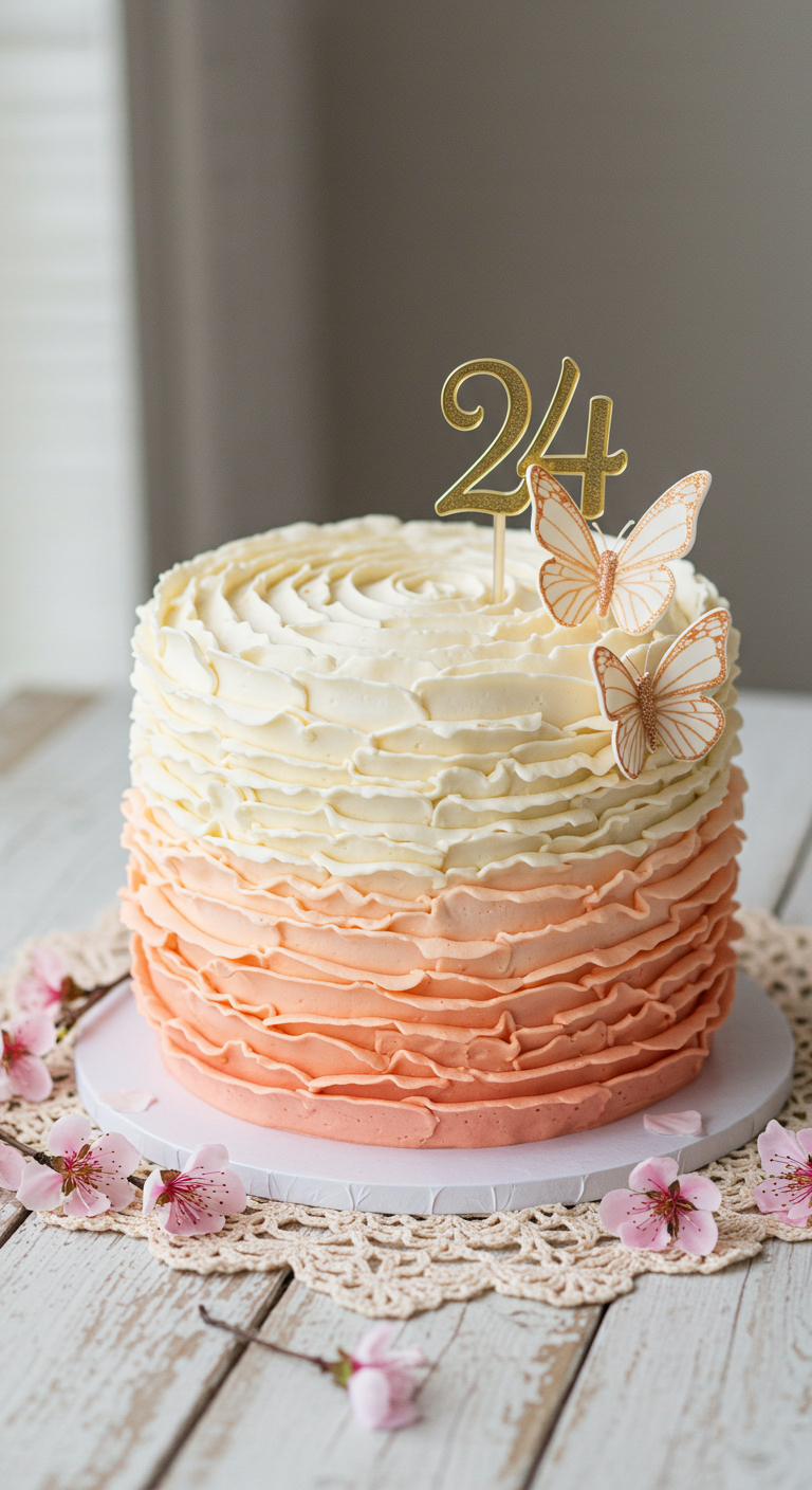 Runde Torte mit Ombré-Buttercreme-Rüschen in Pfirsich- und Cremetönen, Schmetterlings-Deko.