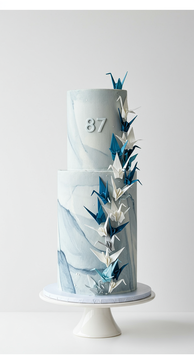 Zweistöckige blau-weiß marmorierte Torte mit Origami-Kranichen.