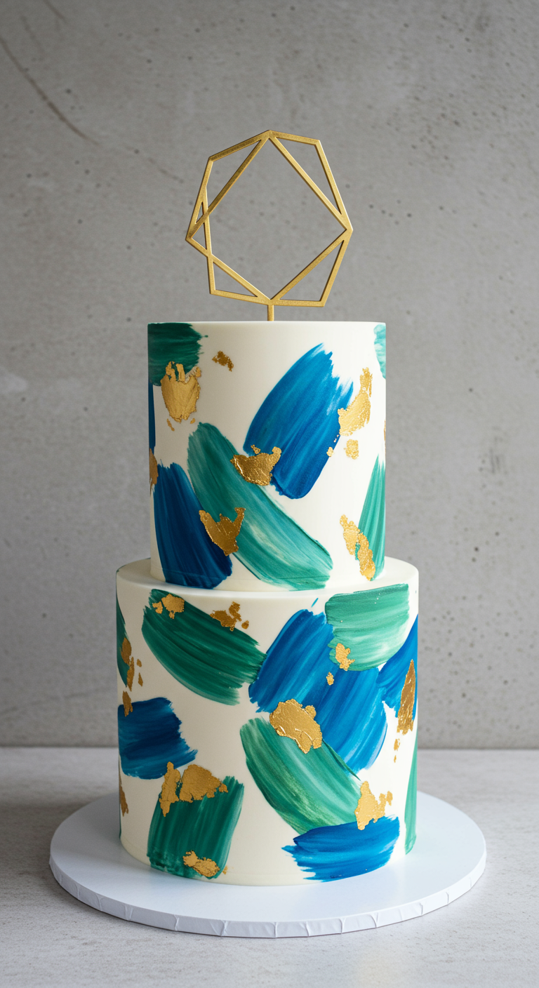 Weiße zweistöckige Torte mit abstrakten blauen und grünen Pinselstrichen und Goldakzenten.