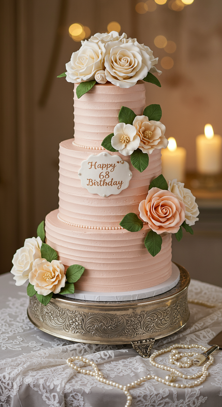 Dreistöckige rosa Rillen-Torte mit Zuckerblumen und