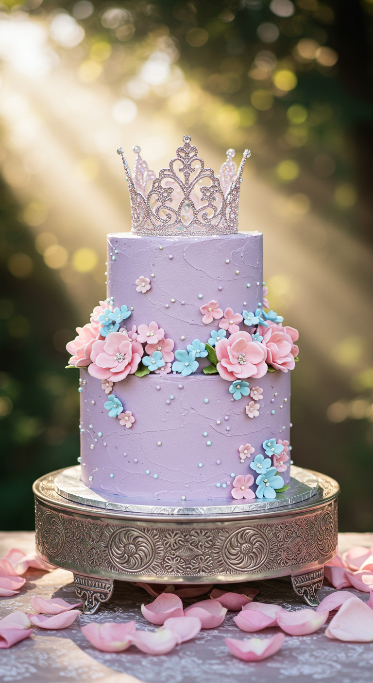 Zweistöckige Lavendeltorte mit Zuckerblumen und Prinzessinnenkrone.